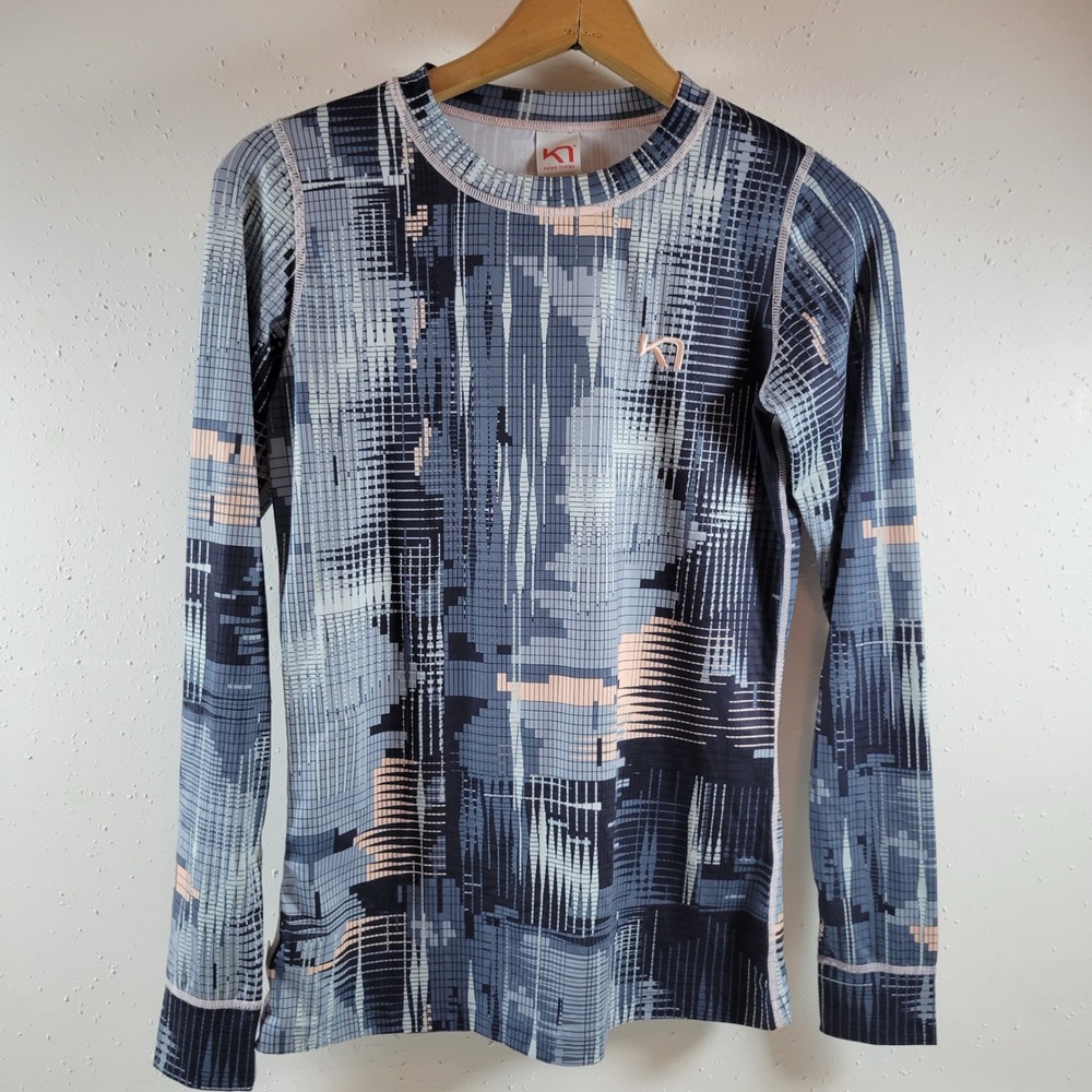 Kari Traa Base Layer Top Womens S Grey Blue Peach Excellent Geometric Print L/S